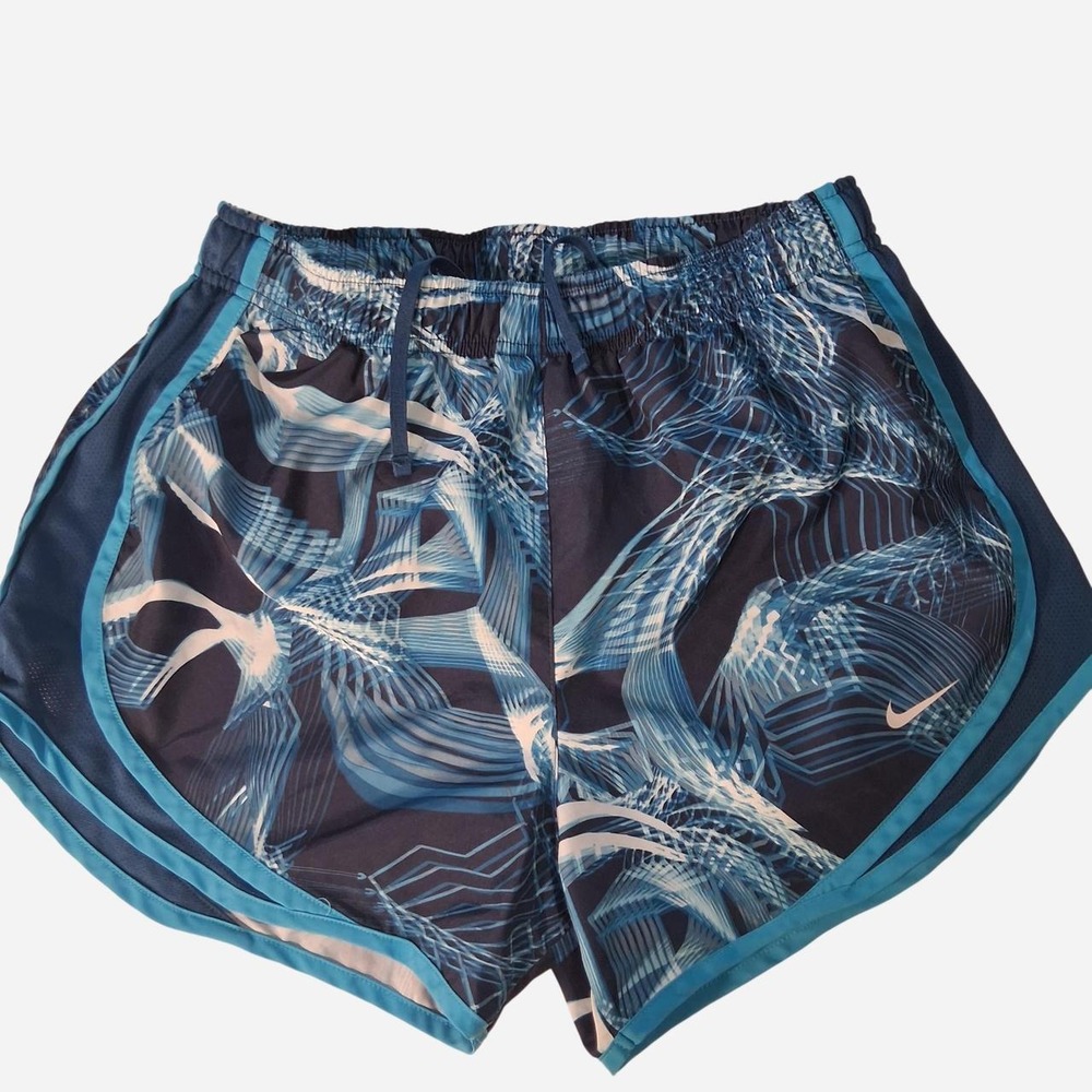 Womans Nike Dri-Fit blue and white abstract wave pattern shorts running